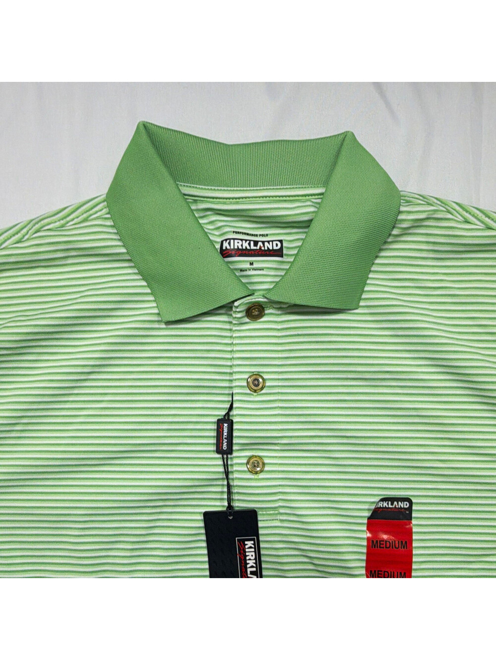 Kirkland Signature Men's Polo Shirt M Green/White Striped Short Sleeve